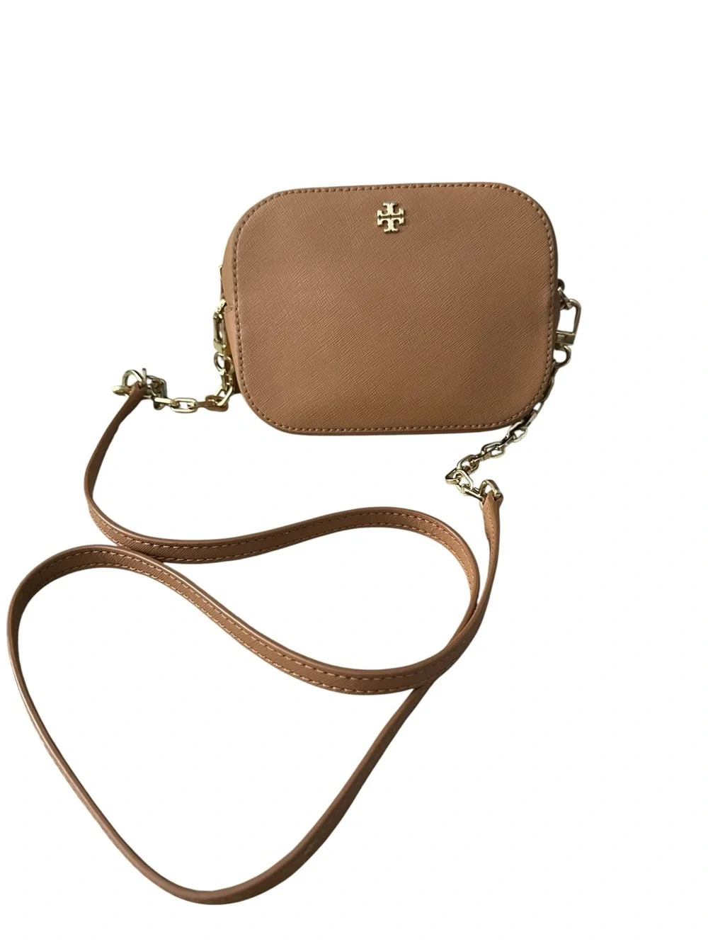 Tory Burch Tan Leather Crossbody Camera Bag with Gold Chain